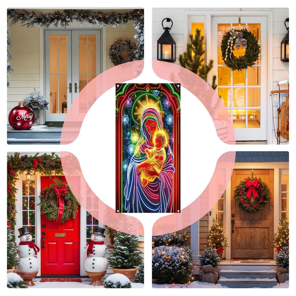 Christmas Front Door Cover 35x71inch Glowing Large Festive Door Covers Holiday Party Banner Decoration For Indoor Outdoor Home