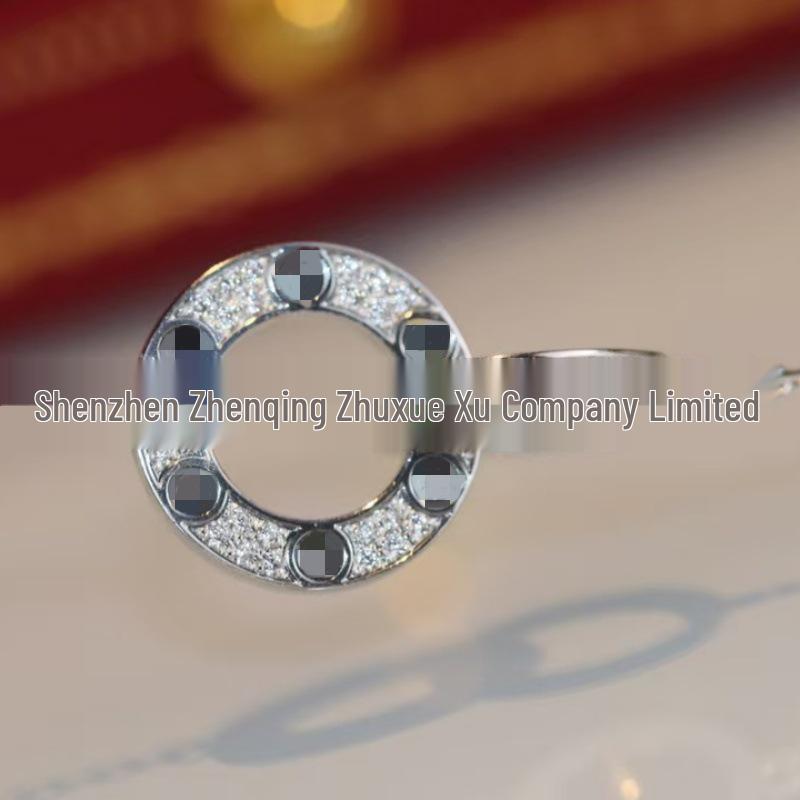 925 Sterling Silver LOVE Double Ring Necklace with Full Diamond Round Disc and Geometric Clavicle Chain