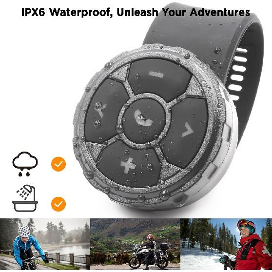Bluetooth Media Button Remote Control IPX6 Waterproof Strap Type Wireless Controller for Car Bike Motorbike Steering Wheel Siri Call & Camera