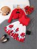 Girls' Red Patchwork Two-Piece Set: Bow Cardigan & Dress