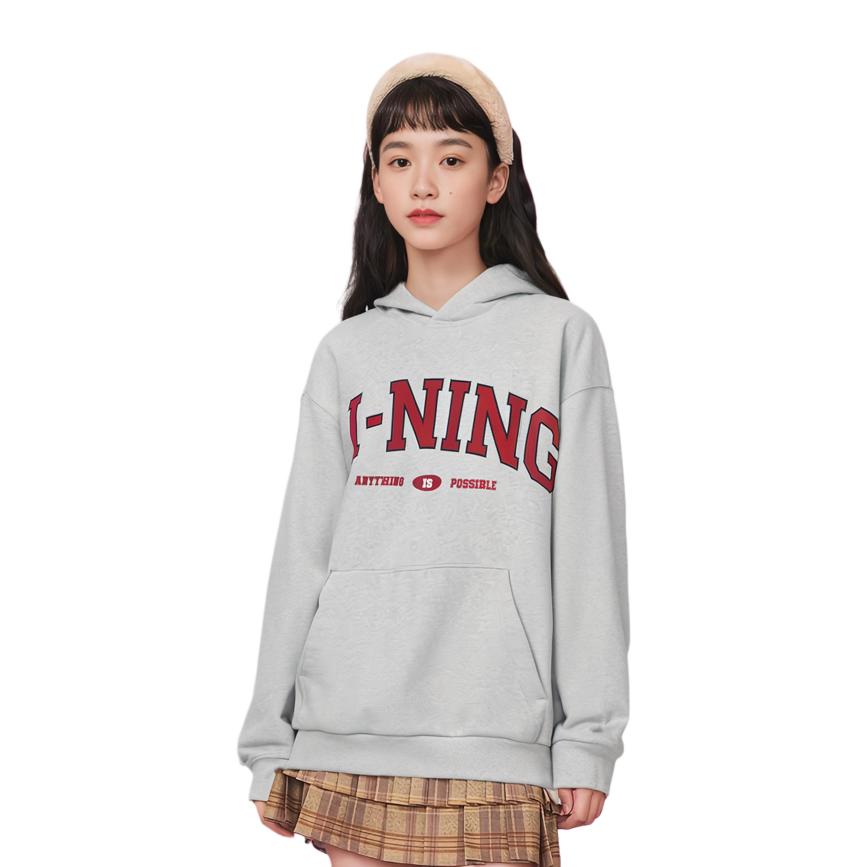 Li Ning Weekend Youth American Vintage Pullover Letter Logo Printed Hoodie Unisex Sweatshirt Light-Gray Smoke-Gray AWDU781-1