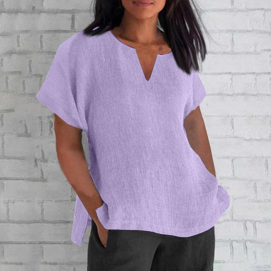 Dame Mote Kortermet V-hals Ensfarget Løs Casual Skjorte Bomullsbluse