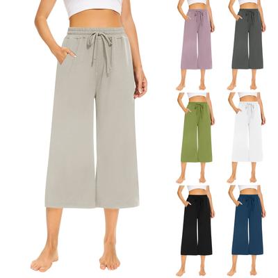 Lockere, verkürzte Damenhose, Yogahose mit weitem Bein und Kordelzug, bequeme Hose mit Taschen