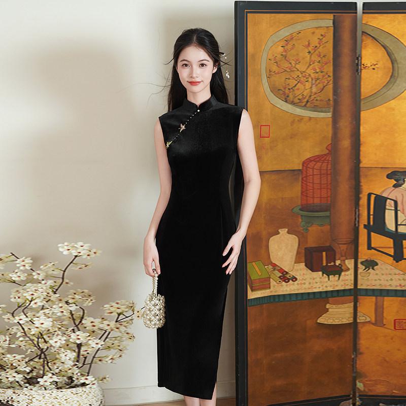 Black velvet sleeveless national style new Chinese style Suzhou autumn cheongsam improved young 1011 new women's high sense