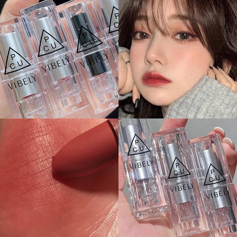 VIBELY transparentní stříbrná matná sametová rtěnka pigmentovaná voděodolná rtěnka Small Ice Cube Shape Lip Makeup Lipstick