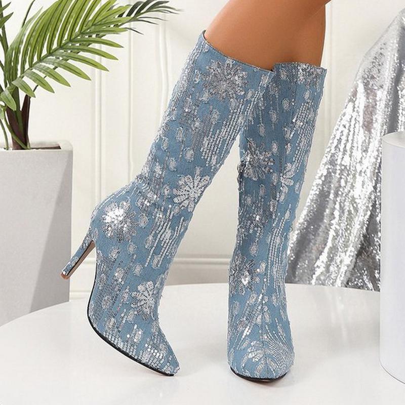 Damen Glitzer Denim Hoher Dünner Absatz Lange Stiefel Dame Büro Nachtclub Einzelstiefel Damen Seitenreißverschluss Mid-calf Mode Stiefel Botas
