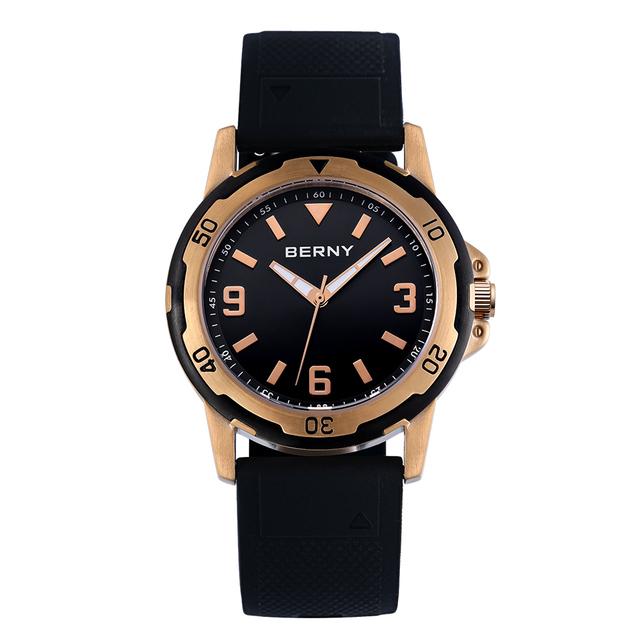 BERNY Watches for Men Luminous Casual Sport Quartz Men's Watch Waterproof Wristwatch Soft silicone Strap Brass Case Easy Read