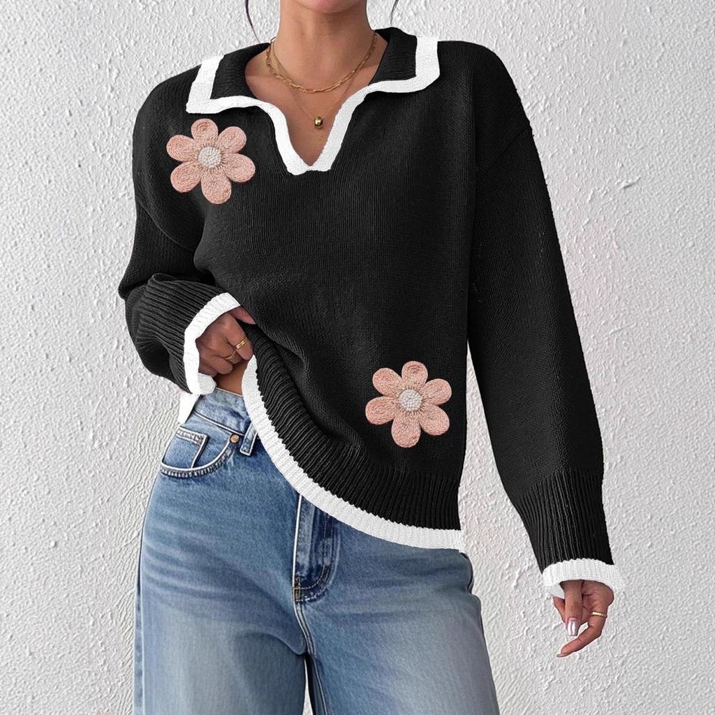 Women's Fall Winter Pullover Sweater, Contrast Color Collar Flower Embroidery Beaded Patchwork Top, Casual Women's Clothing