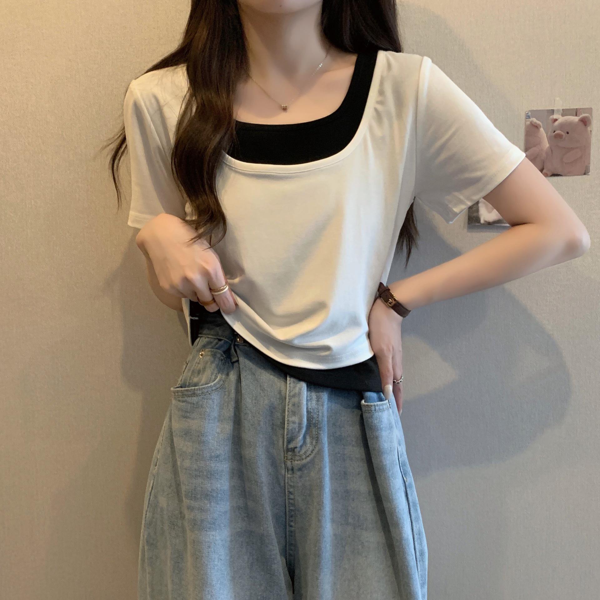 

Женская футболка больших размеров с французским U-образным вырезом, из двух частей, с коротким рукавом, отлично подходит для похудения и прикрытия живота XX-Large белый