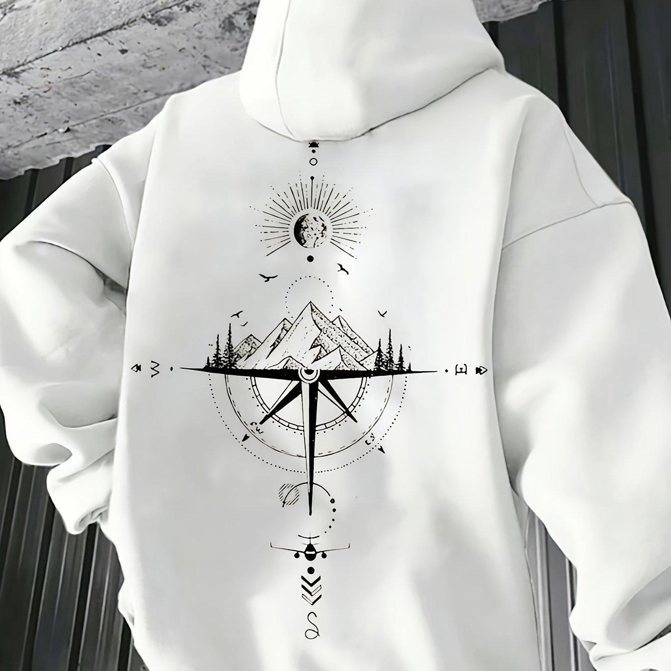 

Чоловічий осінньо-зимовий повсякденний модний вільний світшот-пуловер з капюшоном і довгими рукавами, з флісом, з принтом гори та компаса 2XL