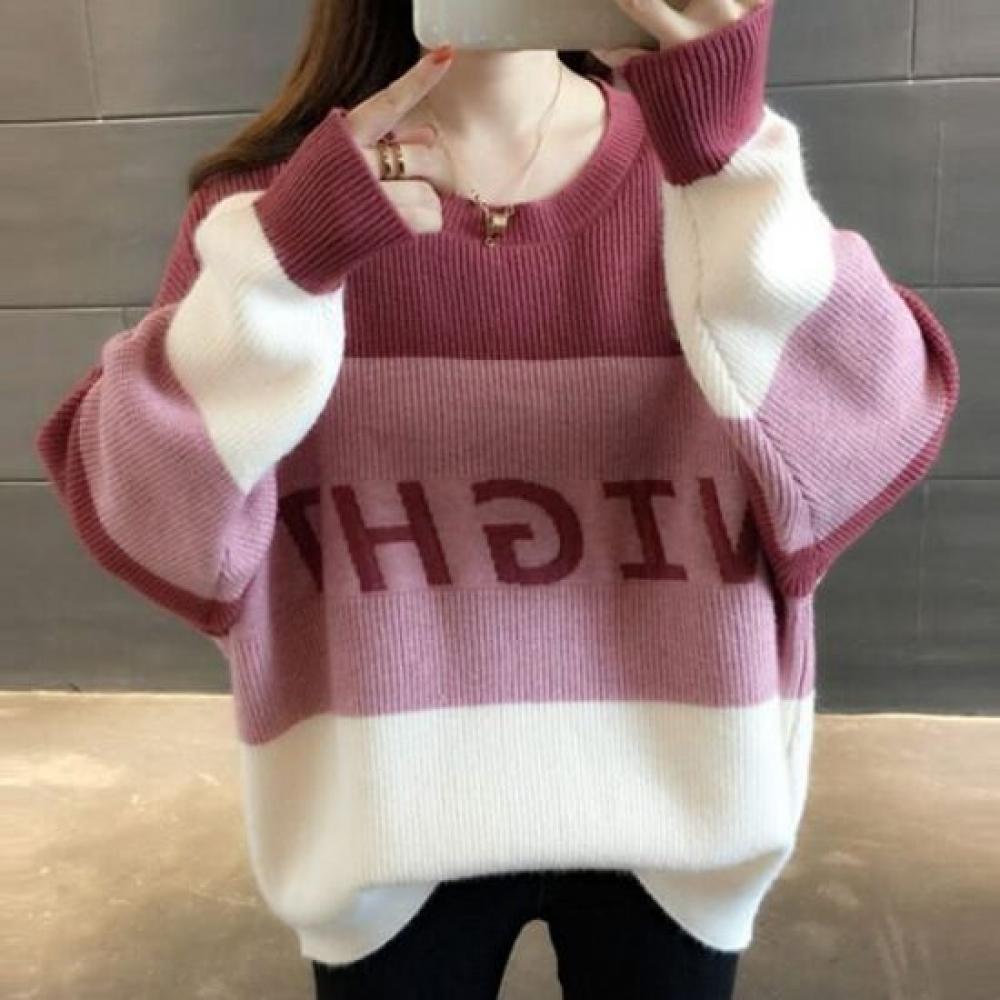 Navava Loose Fit Lettering Color Block Round Neck Long Sleeve Knit Sweater Nk350