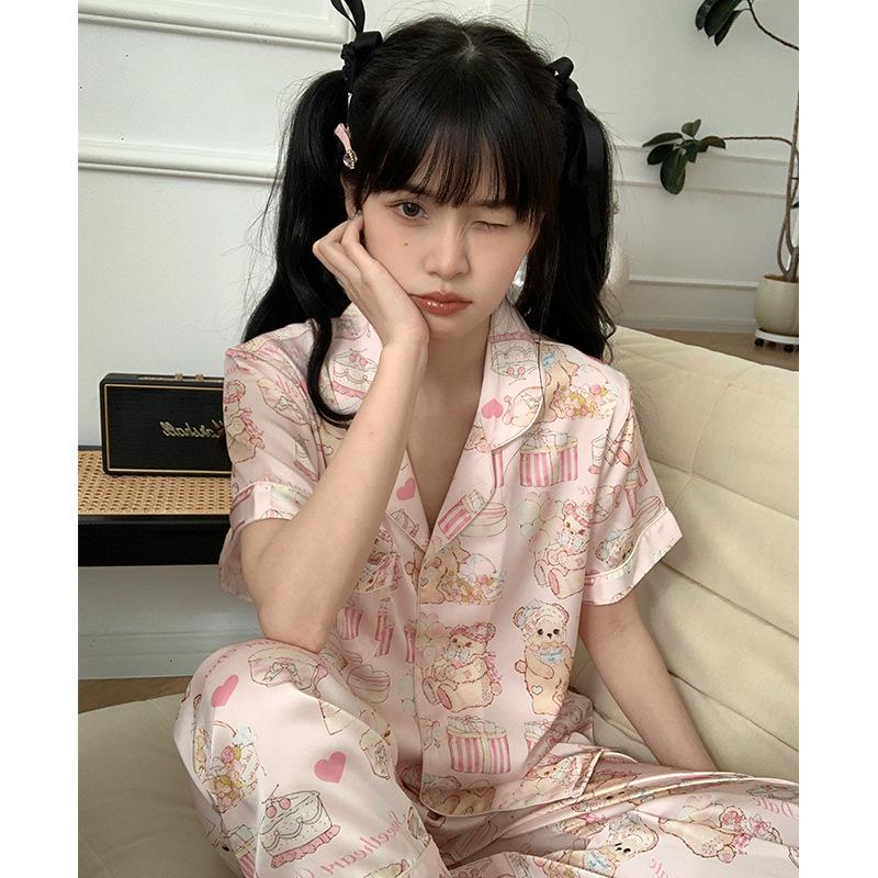 New Pajamas Women's Ice Silk Summer Short-sleeved Three-piece Silk [cake Bear] Loungewear Set Can Be Worn Outside