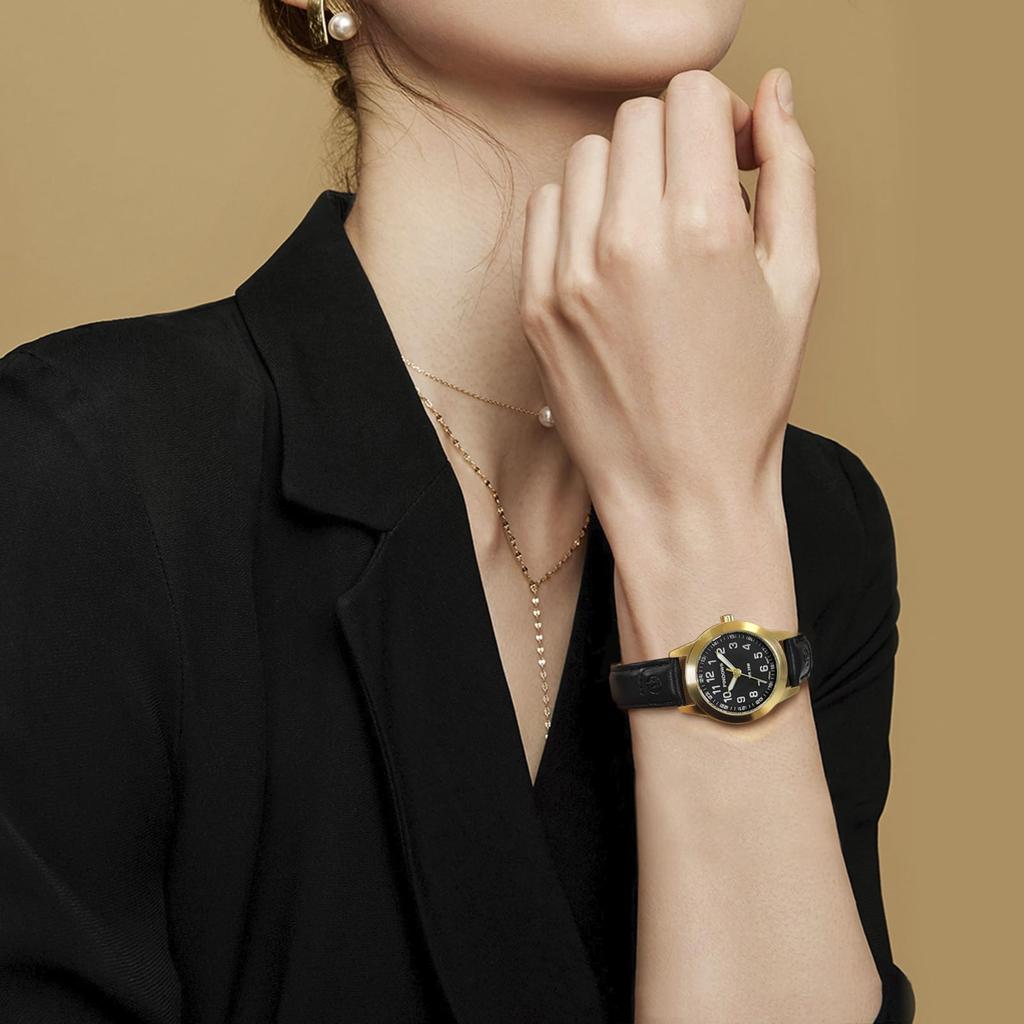 PINDOWS Elegant Analog Quartz Design with Leather Waterproof Fashion Dress Watch with Luminous Dial Ladies' Watch, Strap, Easy-to-Read