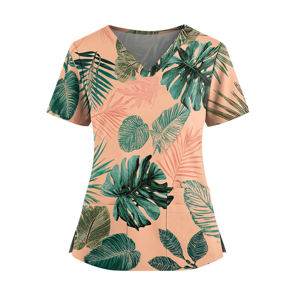 Women's Hawaiian Print V-Neck Double Pocket Short Sleeve Uniform/ Top