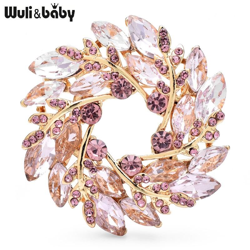 

Wuli&baby Classical Olive Branch Circle Brooches For Women Crystal Round Flowers Party Office Brooch Pins Gifts WHITE розовый