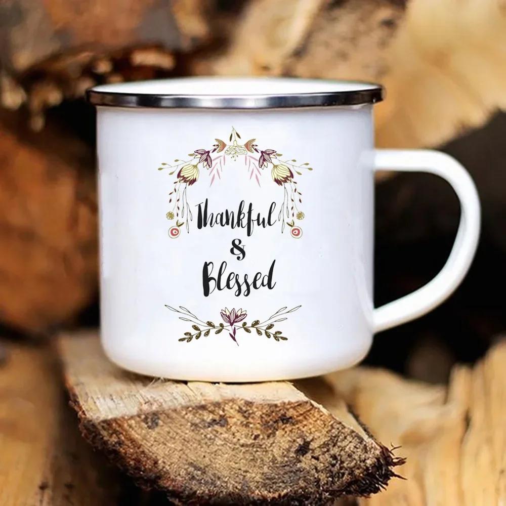 Grateful Thankful Blessed Print Creative Enamel Mugs Coffee Cup Thanksgiving Party Wine Juice Mug Dessert Milk Handle Cup Gifts