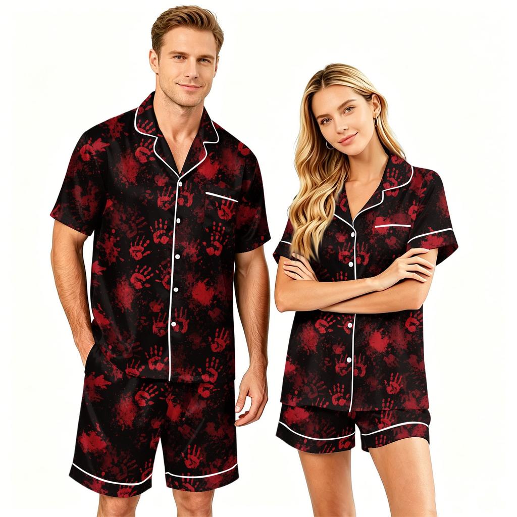 Couples Halloween Pajama Set Short Sleeve Button Down Shirt and Shorts Soft Casual Sleepwear S to XXXXL Matching Loungewear