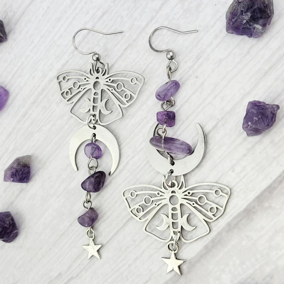 Amethyst Silver Moon Shape Earring With Asymmetric Design For Women Fashion Jewelry