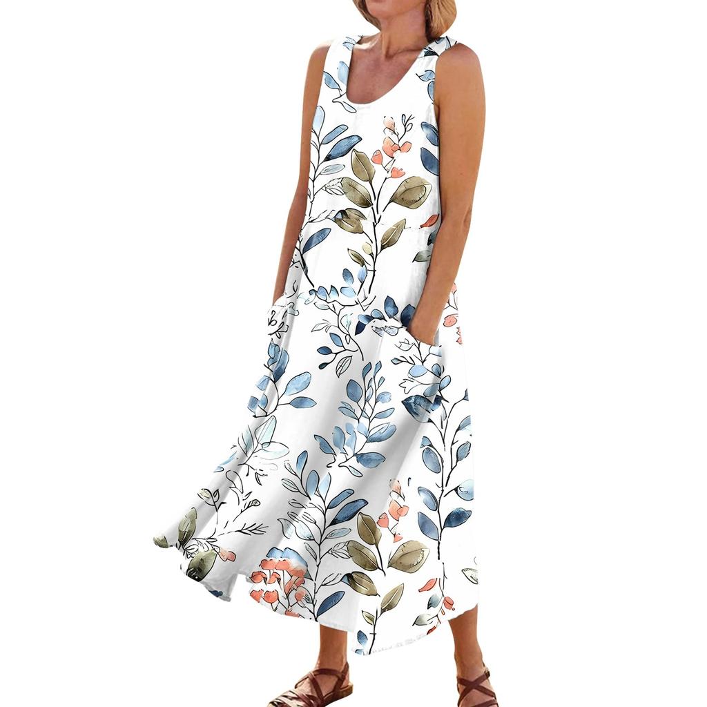 Sleeveless Dress For Women Women's Summer Casual Fashion Printed Sleeveless Round Neck Pocket Dress