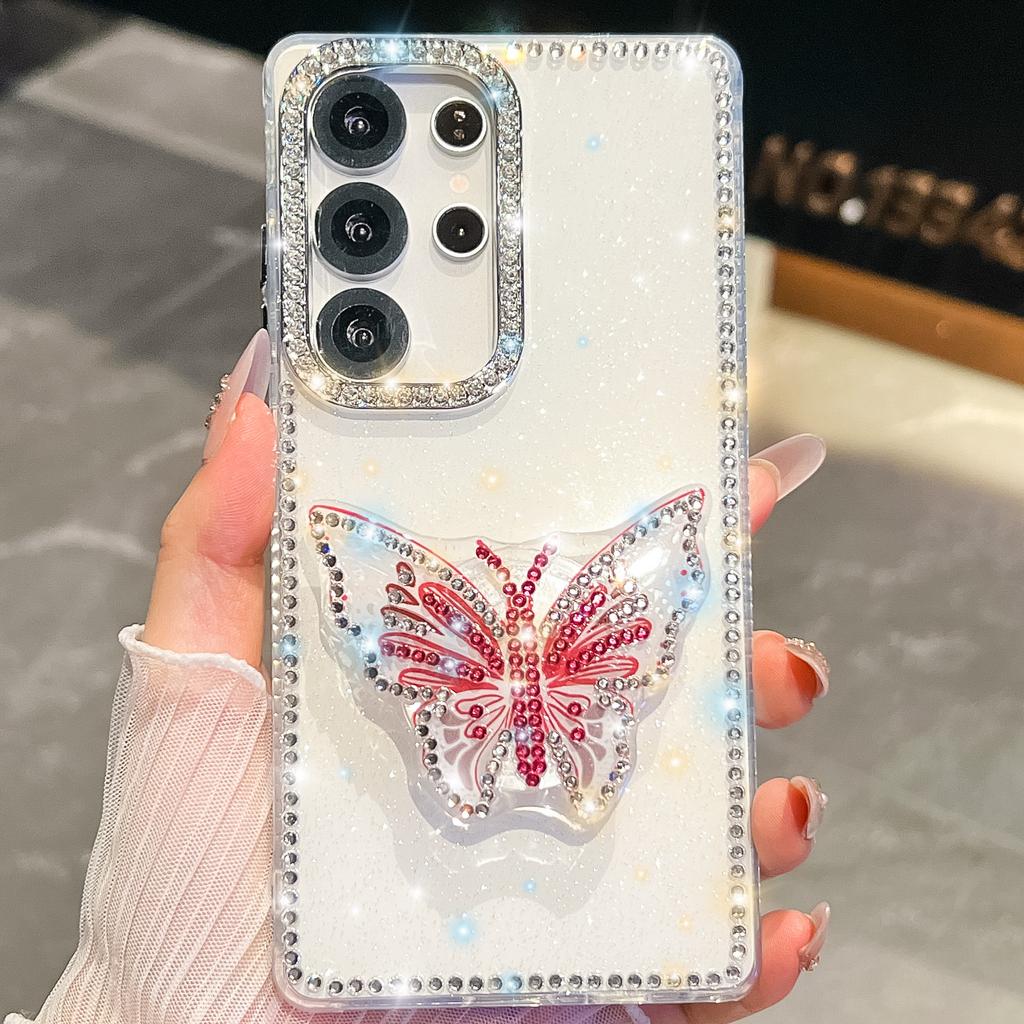 Butterfly Bracket Suitable for Samsung S25 Ultra Mobile Phone Case Flash Drill S24FE Flash Powder A56 Protective Case A17