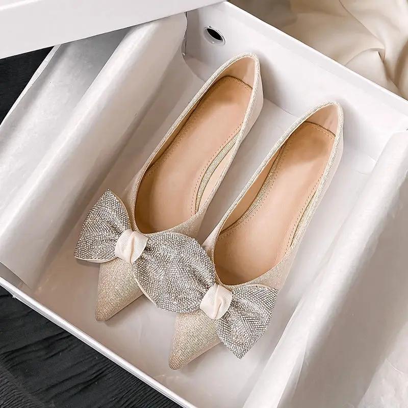 Fashion With Crystals Women's Flat Shoes French Style Moccasins Pointed Toe Ladies Footwear Heel On Sale Young Chic and Elegant Casual