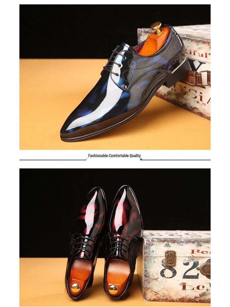 Męskie buty wizytowe ze sznurowaniem ze skóry lakierowanej ze szpicem w dużych rozmiarach