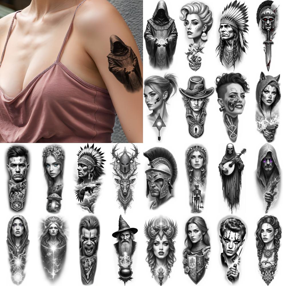 12pcs Temporary Tattoo  waterproof long-lasting body stickers Native American Chief Tattoo Fantasy Woman Tattoo Wizard Tattoo