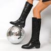 Simple Tall Boots Fashion Round Toe Spliced Leather Soft Sole Anti-Slip Wear-Resistant Block Heels