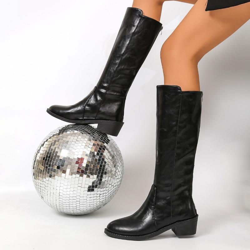 Simple Tall Boots Fashion Round Toe Spliced Leather Soft Sole Anti-Slip Wear-Resistant Block Heels