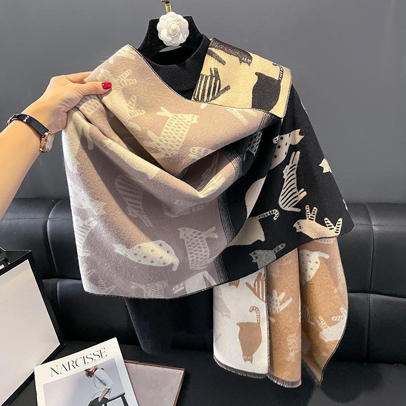 Scarf female retro autumn and winter versatile color matching cartoon cat long thickened warm imitation cashmere shawl
