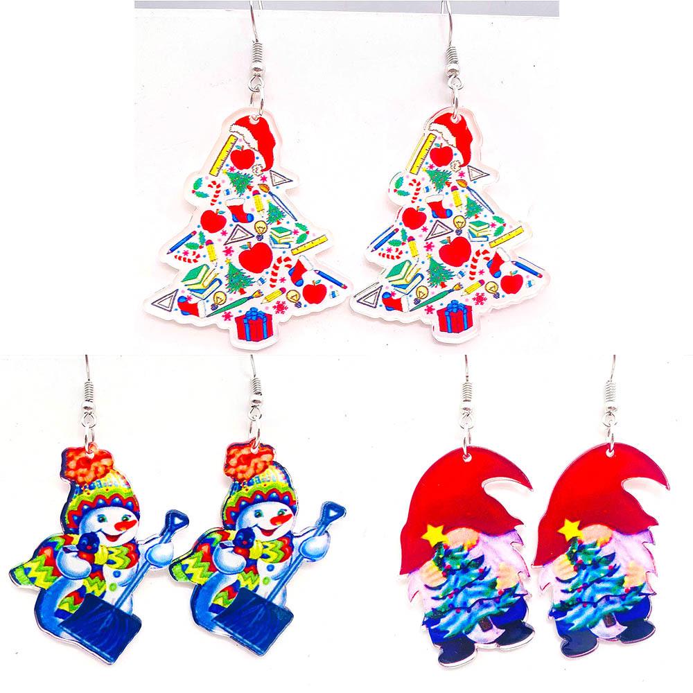 Cross-border Christmas Tree Snowman Gnome Earrings - Festive Acrylic Jewelry for Xmas & Teacher's Day