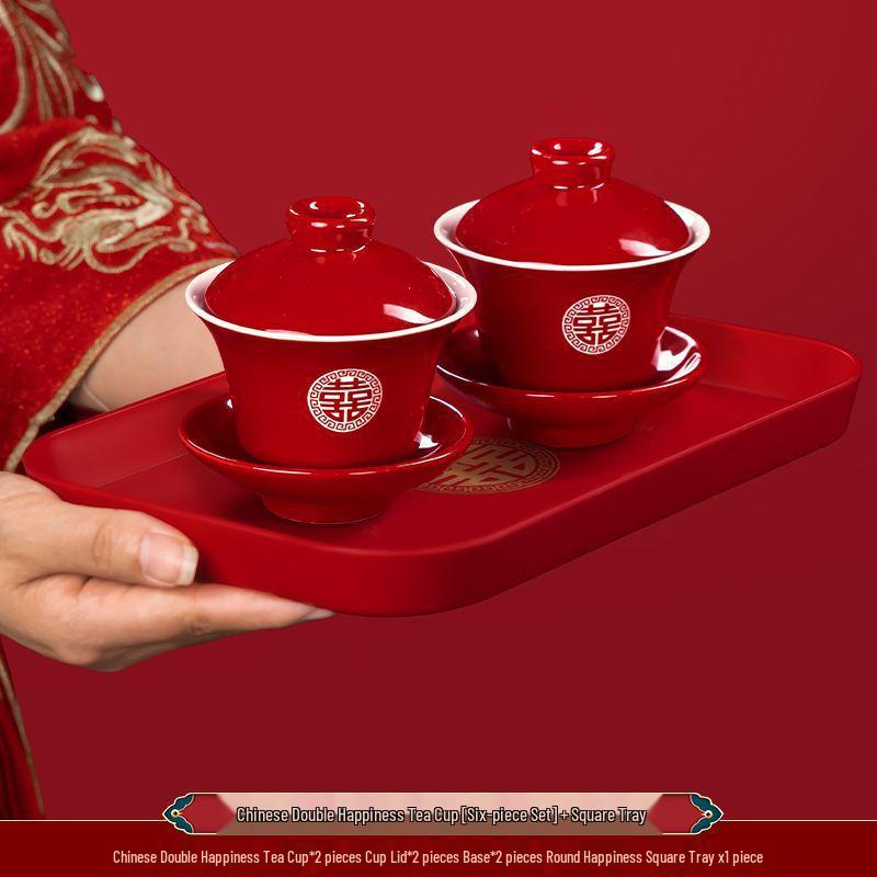 Ensemble de tasses à thé de mariage Double Bonheur: Service à thé rouge avec bol, baguettes et une paire de tasses - Parfait pour les cadeaux de mariage et la dot.