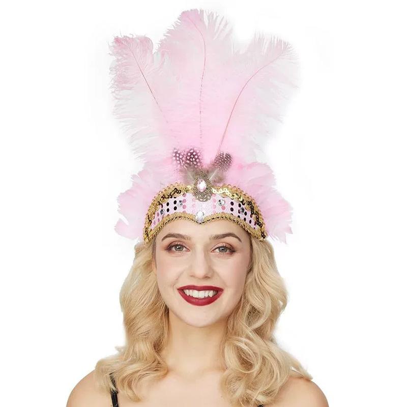 

1 шт. Головной убор с перьями, Аксессуары для Марди Гра, Пайетки, Фестивальный головной убор, Женский эластичный головной убор со стразами, Повязка на голову розовый