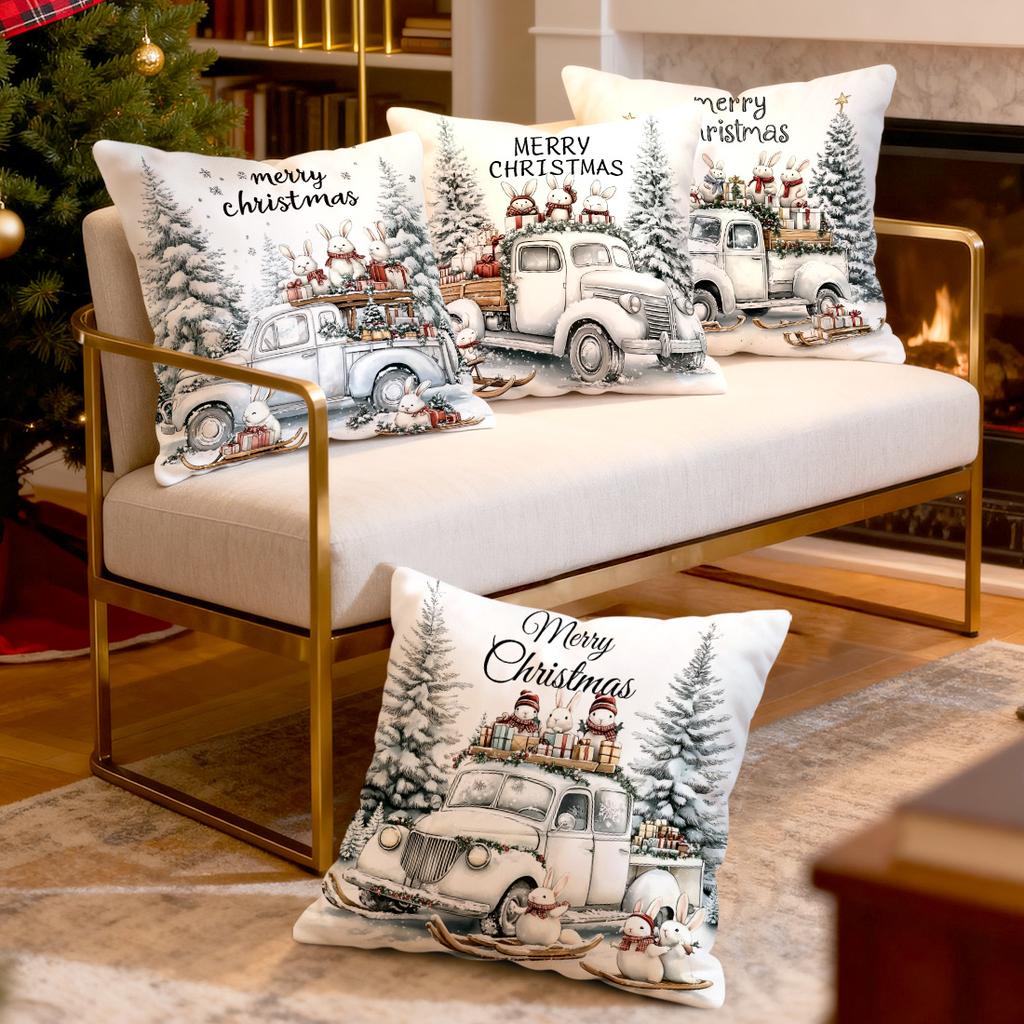 Christmas Bunny Gift Delivery Pillowcase Bedroom Sofa Cushion Cover 100% Polyester Living Room Cushion Pillowcase Home Decor