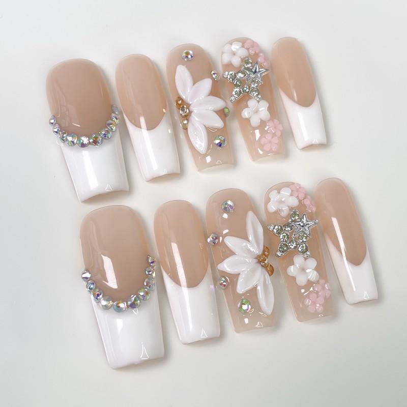 Sweet Style 3D Floral Embossed Long Press-On Nails Ice-Transparent French Tip Fake Women