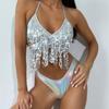 New Summer Solid Three Piece Set Swimsuit Women Bikini Shiny Sequins Sexy Tassel 3 Piece Suit Fashion Slim Fit Halter Swimsuits Bikini Set 24331