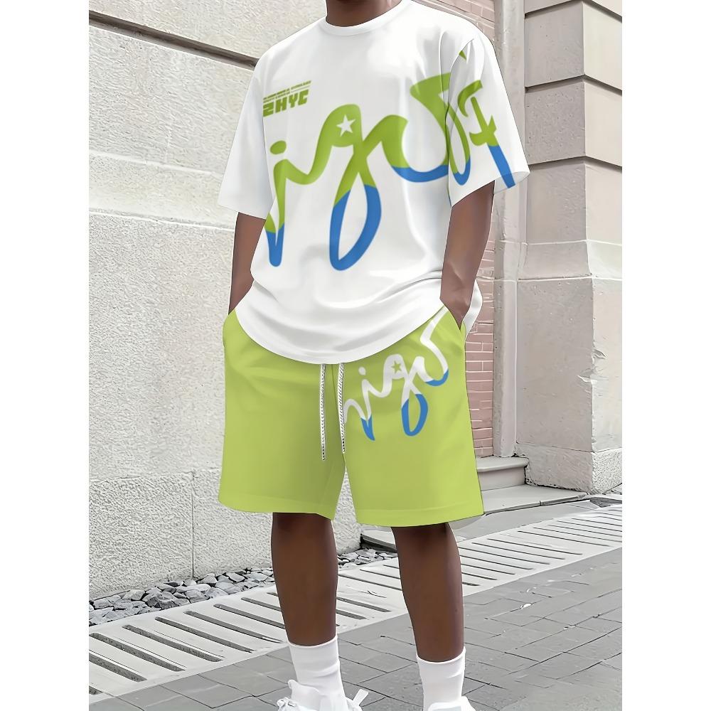Summer Men's Short-Sleeved Set with 3D Trendy Letter Print for Casual and Street Style Comfortable and Soft