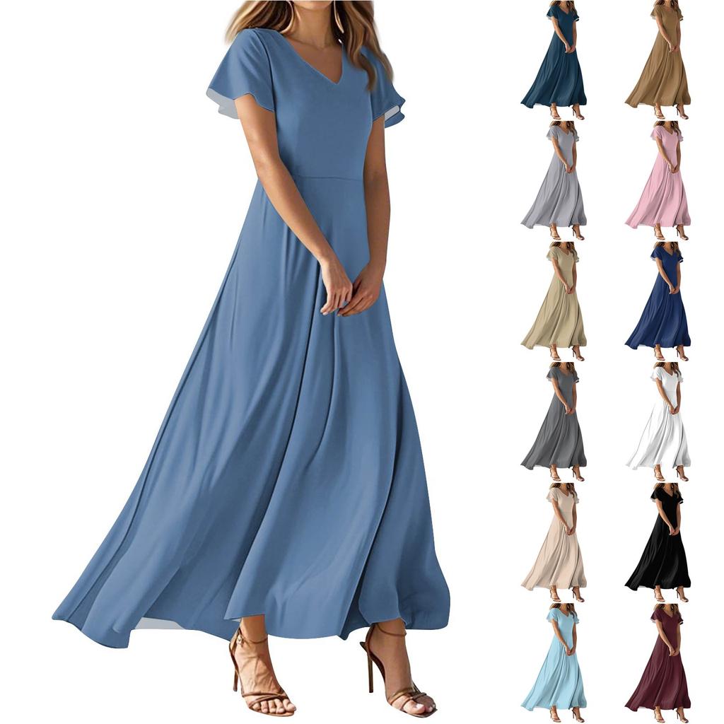 Women's Summer Casual Fashion Solid Color Dresses V-Neck Short Sleeve Dresses