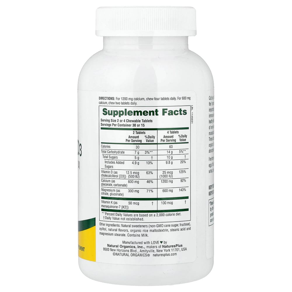 Nature's Plus Chewable Cal/Mag/VitD3 with Vitamin K2, Vanilla Flavor, 60 Chewable Tablets