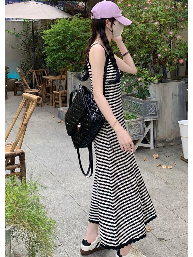Women's Slim-Fit V-Neck Black Striped Knit Camisole Dress, High-Waisted, Bodycon, Long Skirt, Spring/Summer Fashion