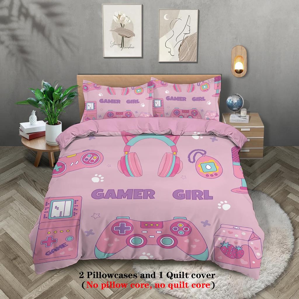 3-teiliges Set Jugendliches Cooles Gamer-Muster Bedrucktes Bettwäscheset für das Bett von Teenager-Mädchen Party Lustiges und Kreatives Bettwäscheset