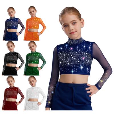 Kids Girls Stage Dance Top: Mock Neck Long Sleeve Sheer Mesh Keyhole Back Shiny Rhinestones Crop Top for Lyrical Performance