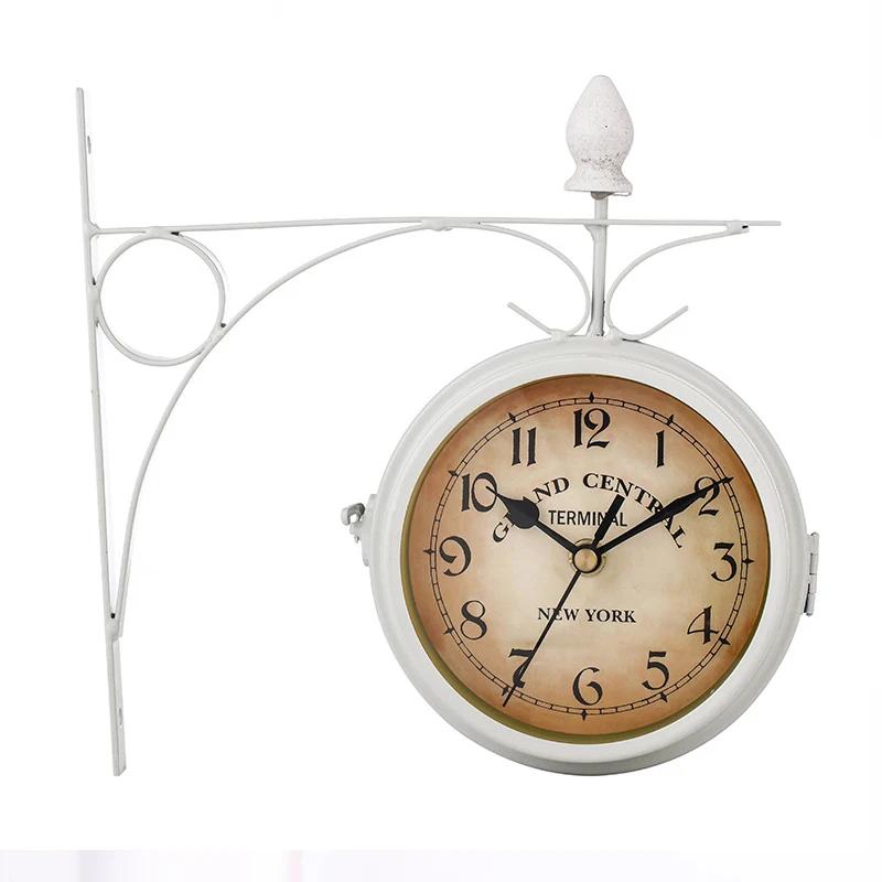 Antique-Look Round Wall Hanging Double Sided Clock Retro Station Clock Round Chandelier Scroll Wall Mount Home Decor Wall Clock