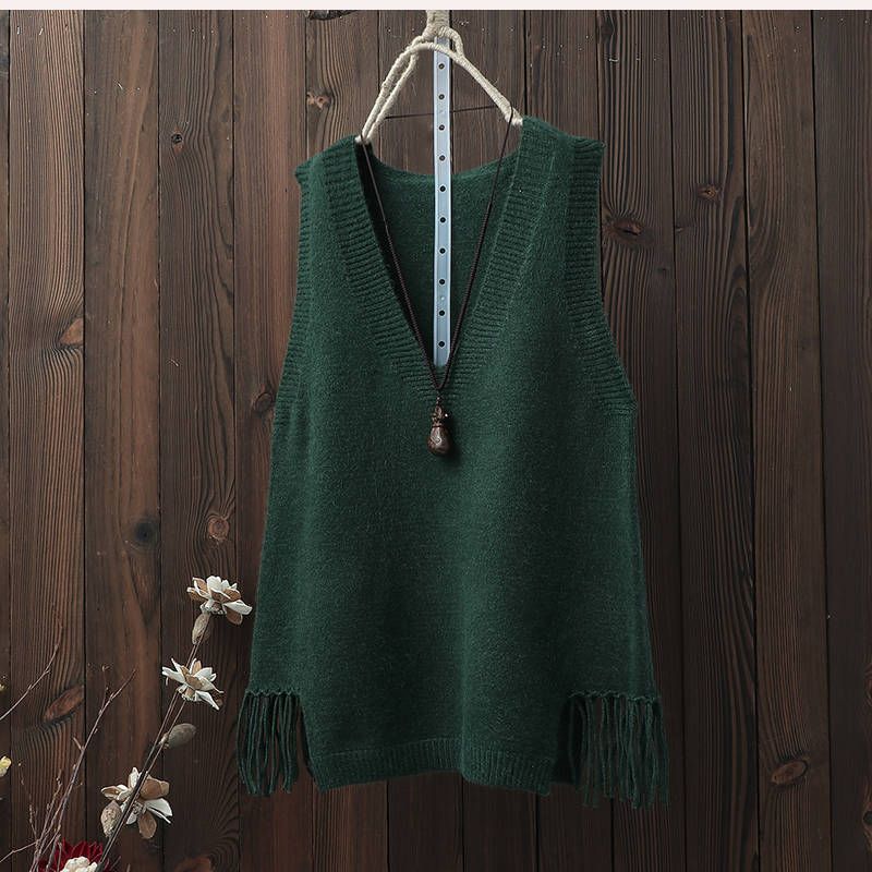 Spring and Autumn Korean Version of The V-neck Solid Color Knit Sweater Vest Women Loose Pullover Hem Fringed Waistcoat