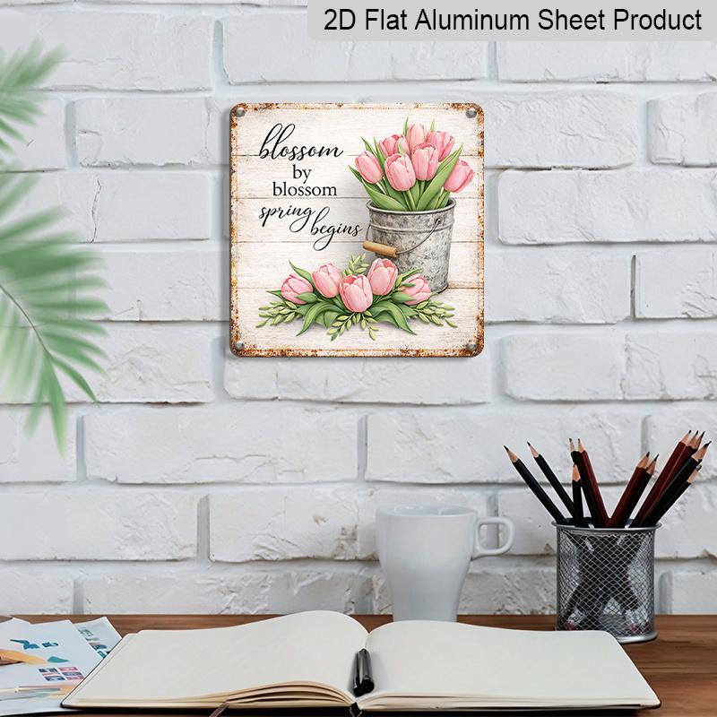 2D Flat, 1pc, Spring Decor, Elegant Tulip Sign, Vintage Aluminium Sign, Home Wall Art, Inspirational Floral Decor for Garden, Courtyard, Living Room
