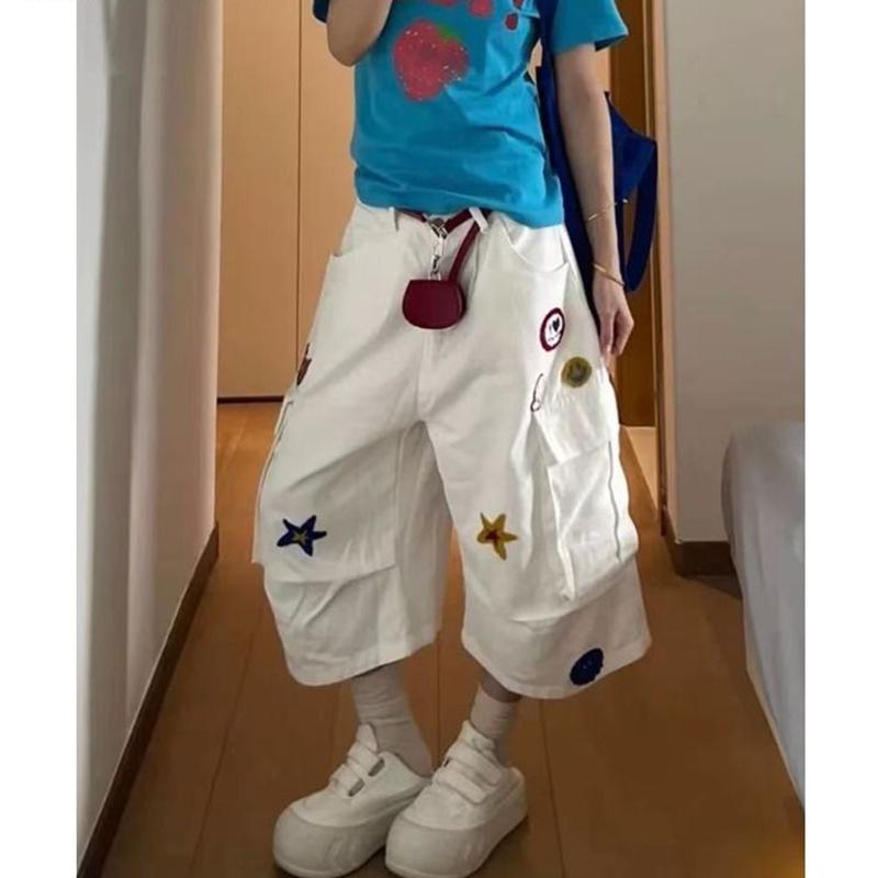 Star Embroidered Cargo Pants Female Summer Loose Fit Streetwear Straight Pants Women Big Pocket Short Pants Women 2025