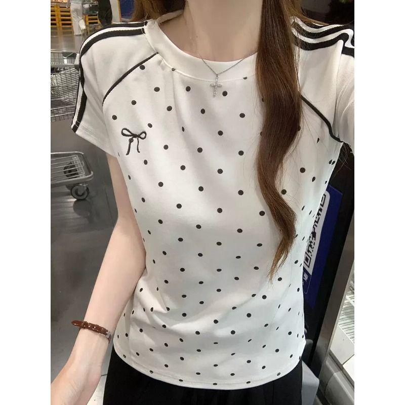 Song Zhengen White Polka Dot Crew Neck Front Shoulder Short Sleeve T-Shirt Women's Summer New Slim-fit Design Skinny Top