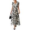 Women's White Black Floral Print V Neck Sleeveless Belted Waist Midi Dress