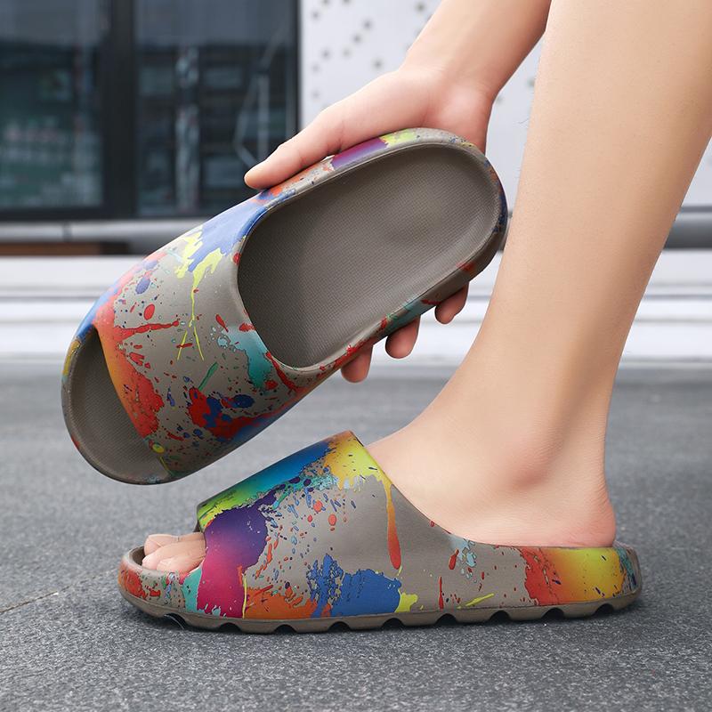 Mens Large Size Painted Thick-Soled Sandal Shoes, New Summertime Style, Anti-Skid Daily Flip-Flops, Beach Slide Shoes