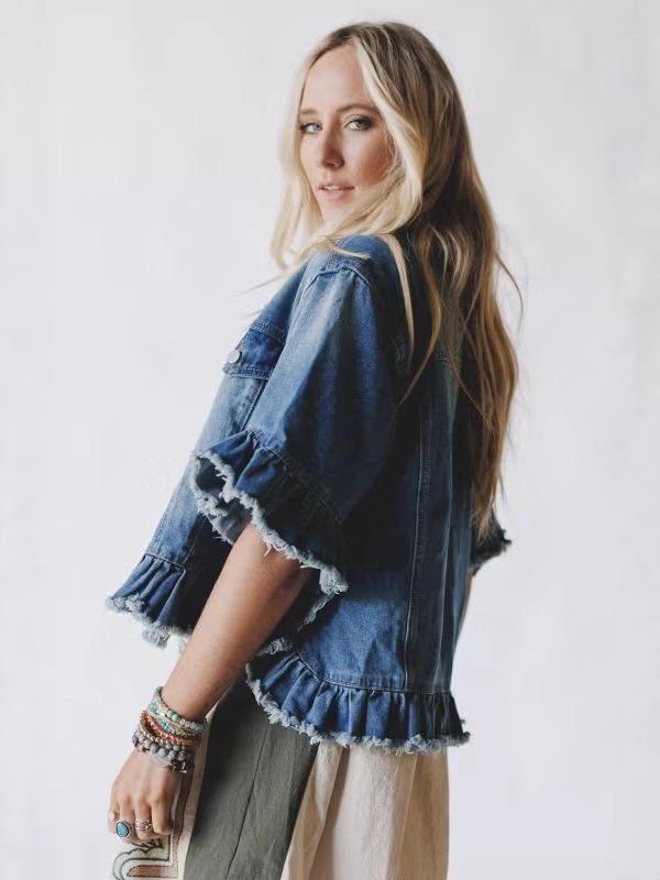 Autumn Women's Ruffle Hem Tassel Denim Top